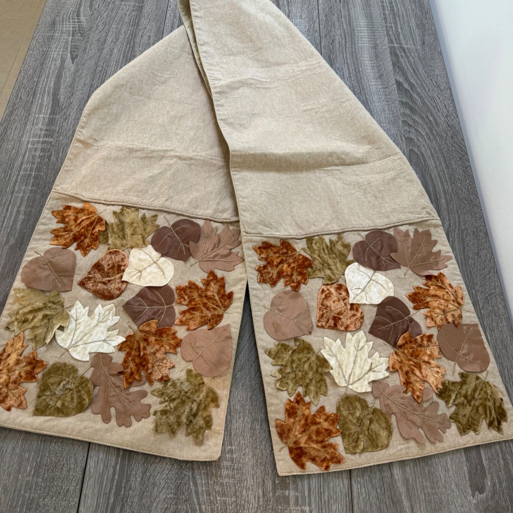 Harvest Fall Table Runner Applique Velvet Leaves Tan Thanksgiving 13x72